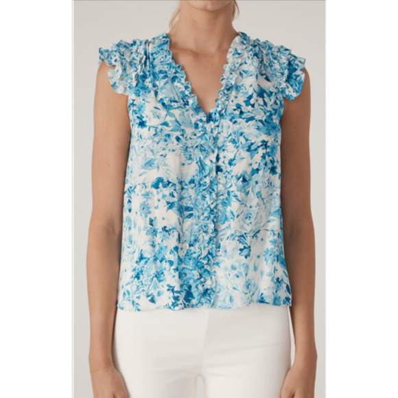 Cupcakes & Cashmere Floral Blue/White V-Neck Ruffle Blouse M NEW - Picture 1 of 4